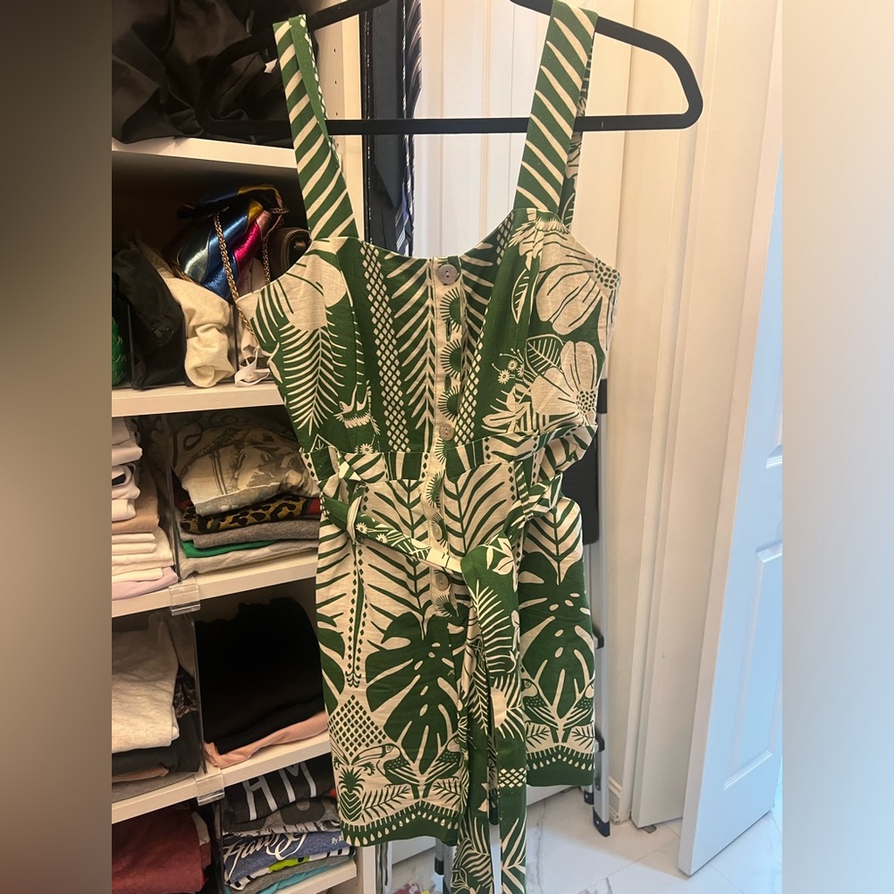 Farm Rio romper worn once. Button front with a beaded fringe belt